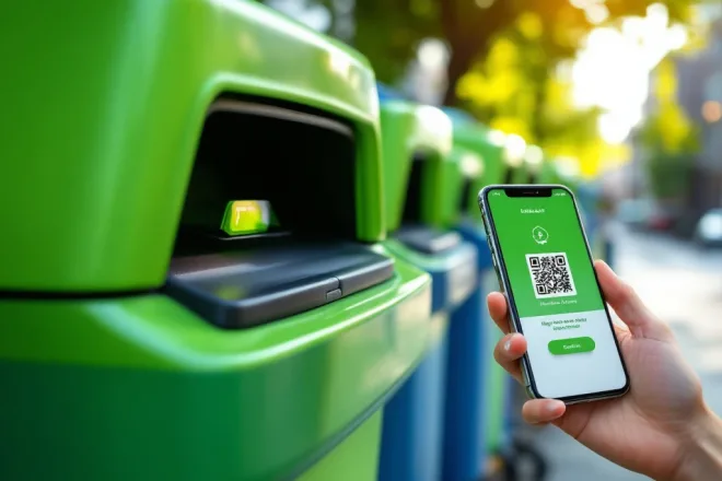 Moderne afvalcontainer met digitaal toegangssysteem, waarbij een hand een smartphone met QR-code houdt naast een vervaagde fysieke afvalpas in stedelijke omgeving.