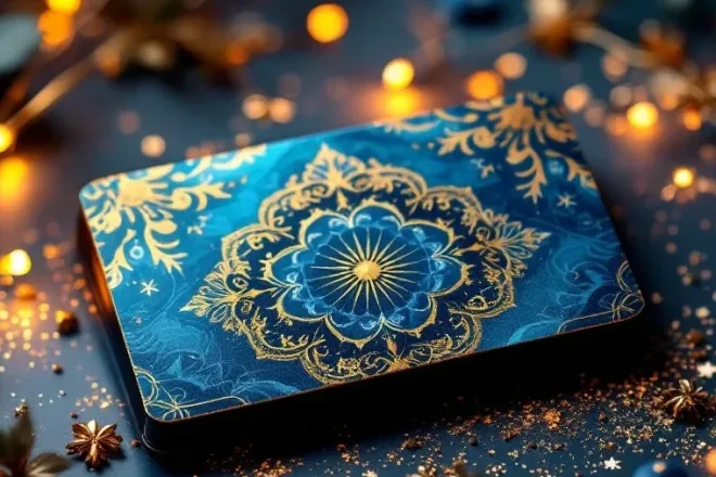 Een fotorealistische afbeelding van een elegant ontworpen cadeaukaart, omringd door creatieve, innovatieve elementen en subtiele industriële hints.