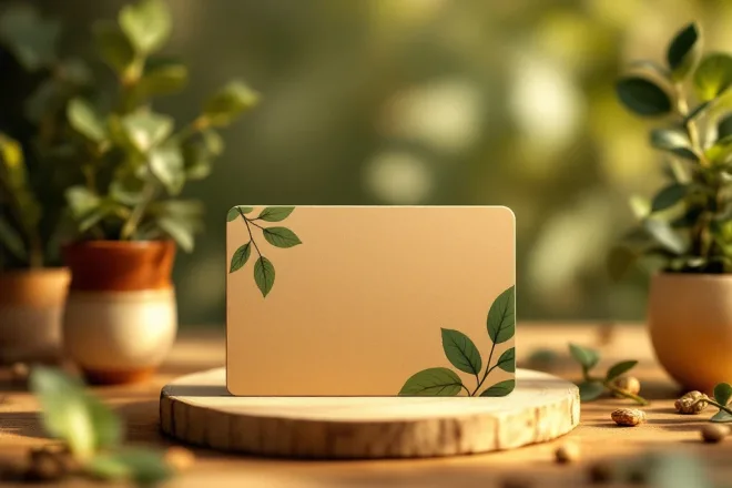 Een duurzame cadeaukaart met aardetinten en bladdetails, omringd door planten en hout, symboliseert milieuvriendelijkheid en vakmanschap.