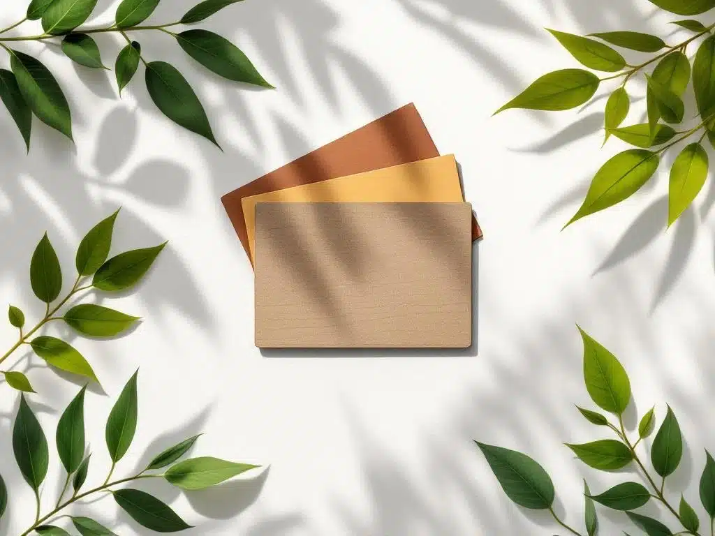 Duurzame kaarten van hout, gerecycled plastic en PLA in aardse tinten met groene bladeren op witte achtergrond