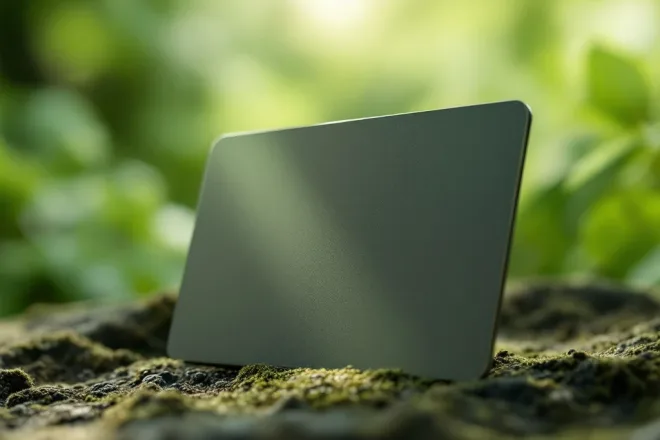Een moderne RFID-kaart van gerecycled materiaal met groene en bruine tinten, tegen een wazige achtergrond van een bos of bladpatroon.