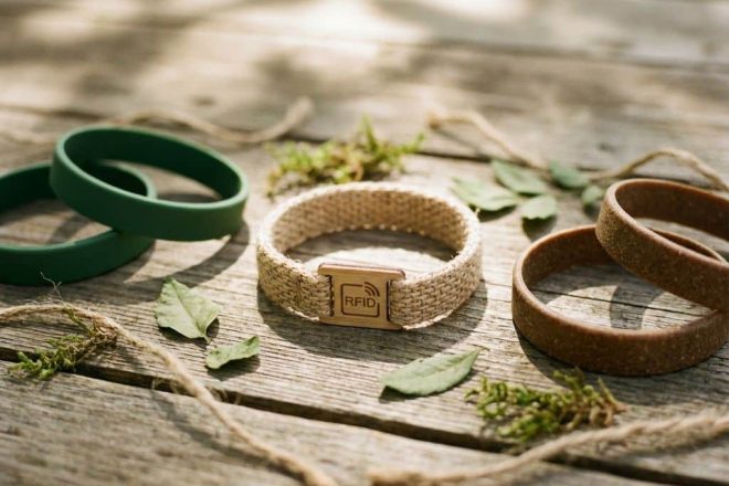 Eco-vriendelijke RFID polsbandjes van bamboevezel, gerecycled silicone en biologisch afbreekbare polymeren op hout