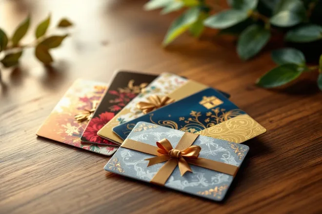 Een fotorealistisch beeld van luxe cadeaubonnen met unieke ontwerpen, op een houten oppervlak, benadrukt duurzaamheid en exclusiviteit.