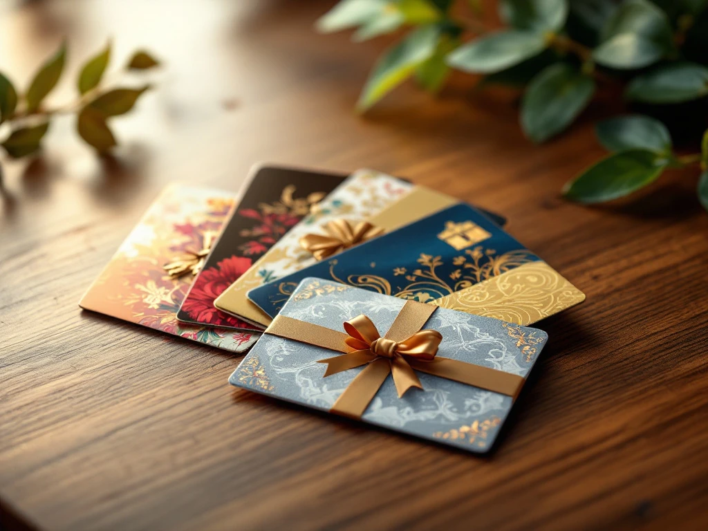 Een fotorealistisch beeld van luxe cadeaubonnen met unieke ontwerpen, op een houten oppervlak, benadrukt duurzaamheid en exclusiviteit.