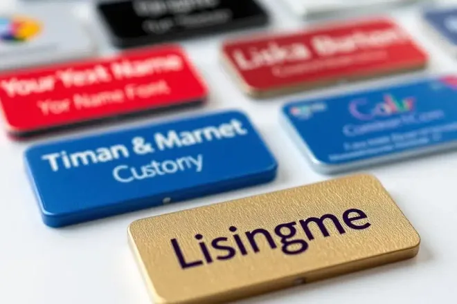 Gepersonaliseerde naambadges in verschillende kleuren en lettertypen op witte ondergrond met magnetische en speld bevestigingen