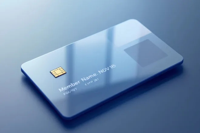 Moderne lidmaatschapskaart met plaatshouders voor naam, nummer en vervaldatum, ingebouwde RFID-chip, profielfoto en QR-code op blauwe achtergrond.