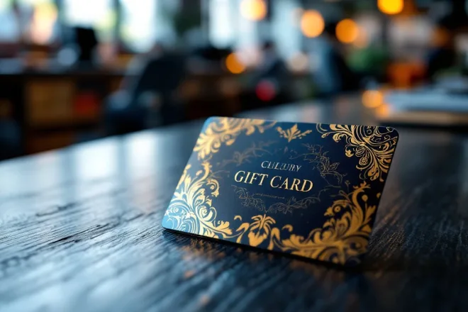 Een luxe, op maat gemaakte cadeaukaart met diepblauw en goud, ligt op een donkere houten tafel, met een werkruimte vaag op de achtergrond.