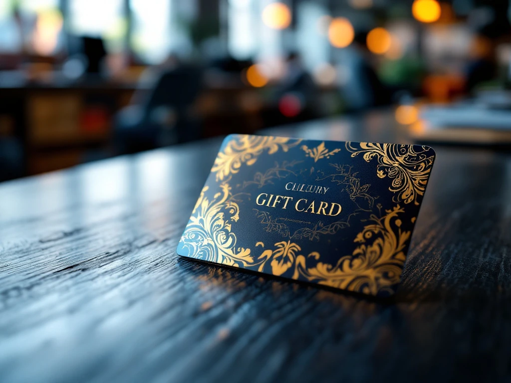 Een luxe, op maat gemaakte cadeaukaart met diepblauw en goud, ligt op een donkere houten tafel, met een werkruimte vaag op de achtergrond.