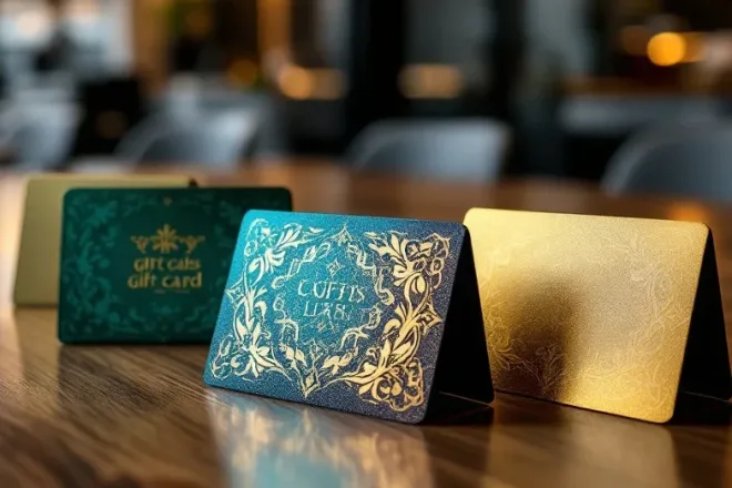 In een modern kantoor liggen luxe cadeaukaarten op een houten bureau, met reliëfpatronen en geavanceerde printapparatuur op de achtergrond.
