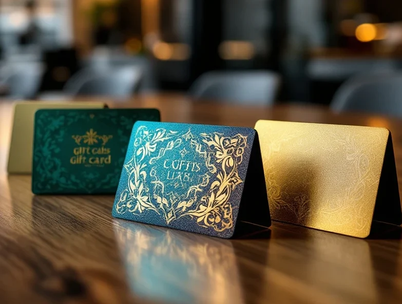 In een modern kantoor liggen luxe cadeaukaarten op een houten bureau, met reliëfpatronen en geavanceerde printapparatuur op de achtergrond.