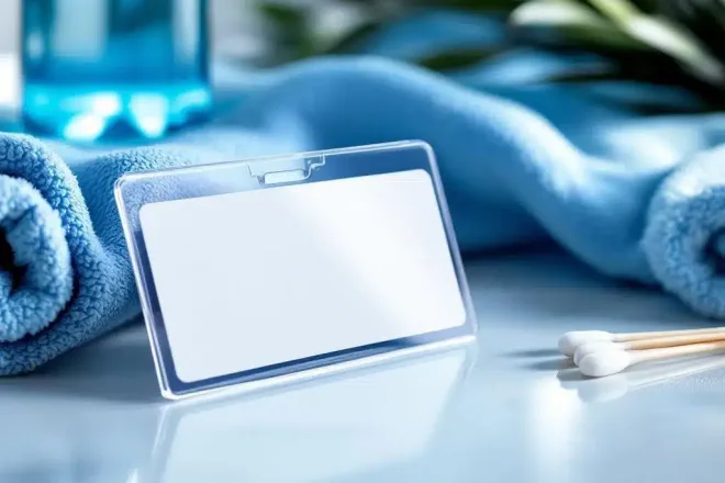 Witte naamkaart met plastic houder op bureau omringd door schoonmaakmiddelen zoals microvezeldoek en sprayflacon