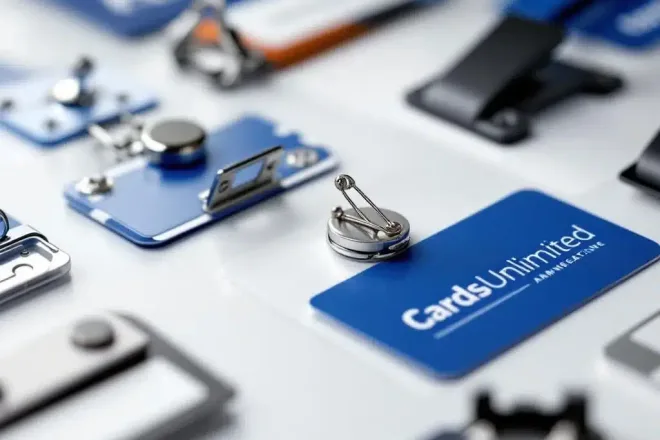 Verschillende naamkaartje bevestigingsmethoden: magnetische clips, veiligheidsspelden, lanyards en kleefstrips op wit oppervlak