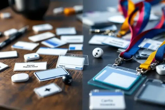 Naamkaartjes vergelijking: traditionele plastic badges links versus moderne alternatieven zoals magnetische tags rechts