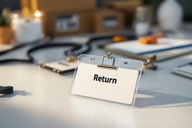 Professionele naamkaartjes met metalen clips en lanyards op witte ondergrond, één badge wordt teruggegeven