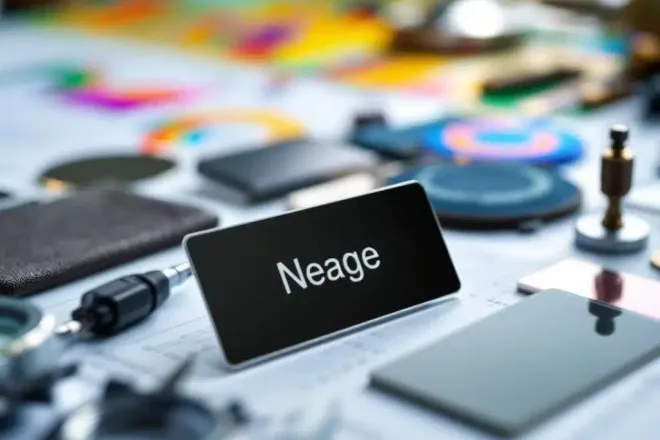 Naambadges van verschillende materialen op testtafel met kwaliteitscontrole-instrumenten en meetgereedschap