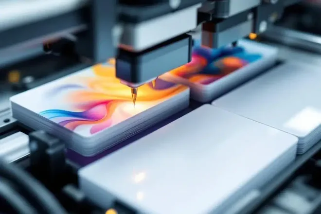 PVC-kaarten worden bedrukt met CMYK-inkt in professionele drukpers, verschillende stadia van het drukproces zichtbaar