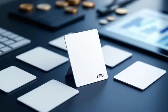 Witte RFID-kaarten op donker bureau met rekenmachine, euromunten en tablet met kostengrafiek