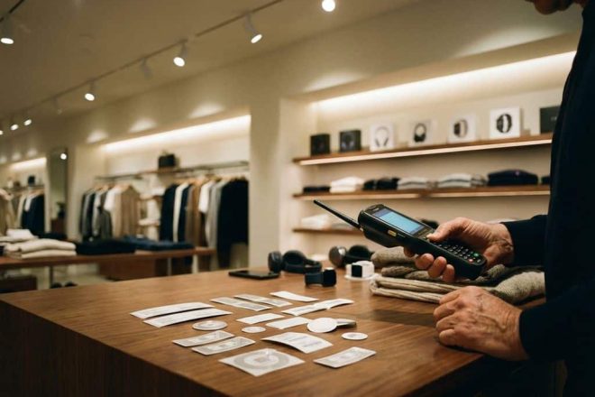 RFID-scanner en tags op houten toonbank in moderne winkel met kleding en elektronica op de achtergrond
