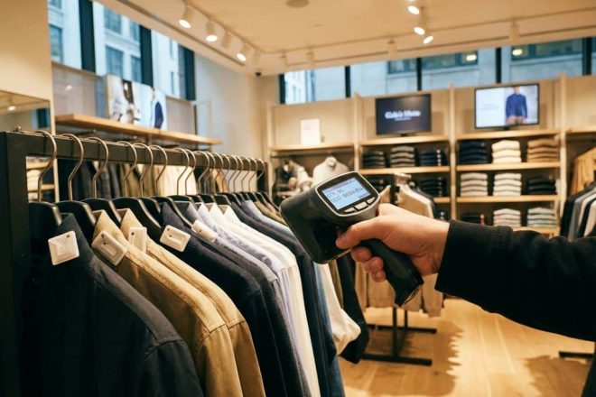 RFID-scanner wordt gehouden boven kledingrek in moderne winkel, met digitale inventarisgegevens op scherm zichtbaar