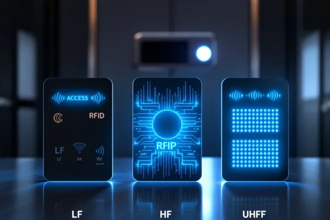 Drie RFID-toegangskaarten (LF, HF, UHF) met verschillende antennepatronen op metalen oppervlak, beveiligingsdeur op achtergrond.