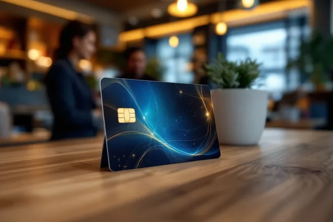 Elegante spaarkaart met gouden en blauwe accenten op houten toonbank, omringd door cadeaupakket, kortingsbonnen en tablet in een sfeervol winkelinterieur.